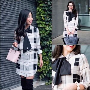 KATE SPADE Tie Dress Womens Sz 12 Black White Woodland Plaid Scarf Griffin $398